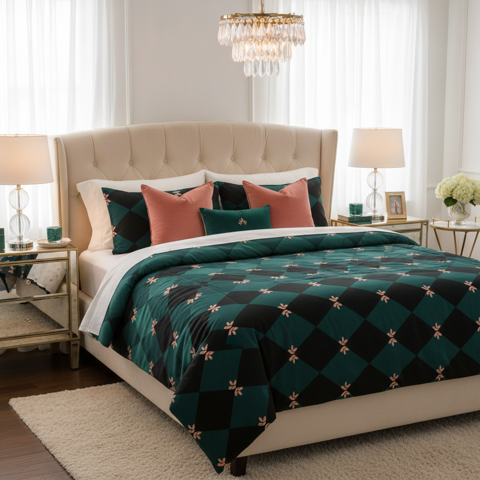 Luxurious glamorous bedroom with emerald mosaic duvet cover, elegant upholstered bed with tufted headboard, white walls and curtains, crystal chandelier, gold accent furniture, coral pink velvet throw pillows, emerald green decorative accents, mirrored nightstands, elegant table lamps, warm ambient lighting