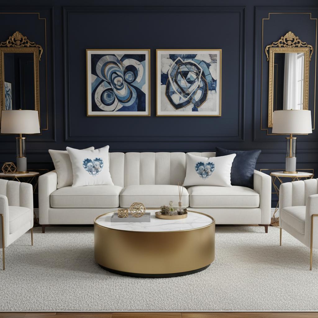 Luxurious living room with navy blue walls, white sofa with polar bear heart pillows, gold accents in sophisticated arctic-inspired elegance