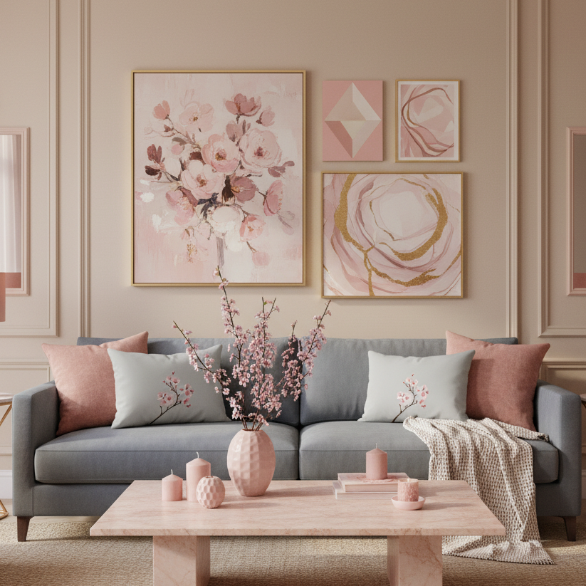 Luxurious living room with pink art and cherry blossom pillows