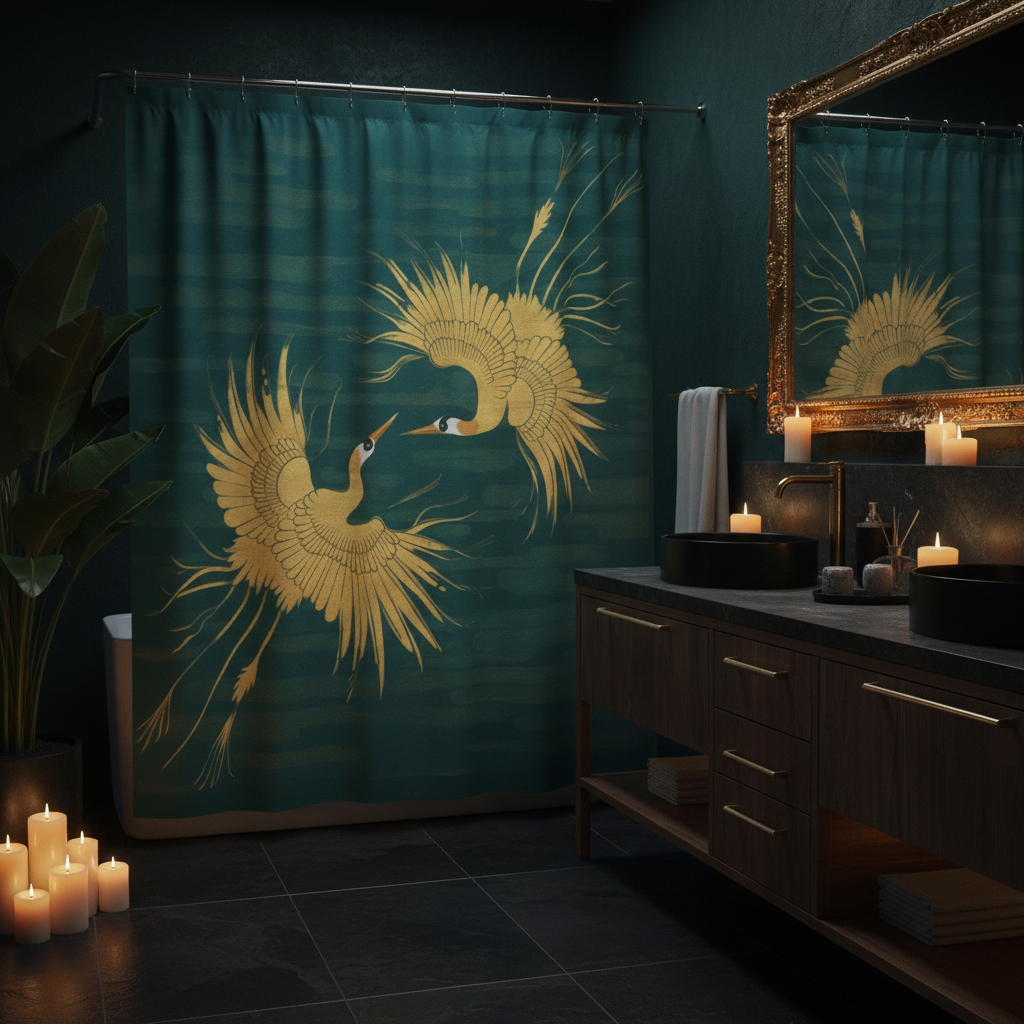 Luxurious moody bathroom with teal gold crane shower curtain shining against deep teal and black walls