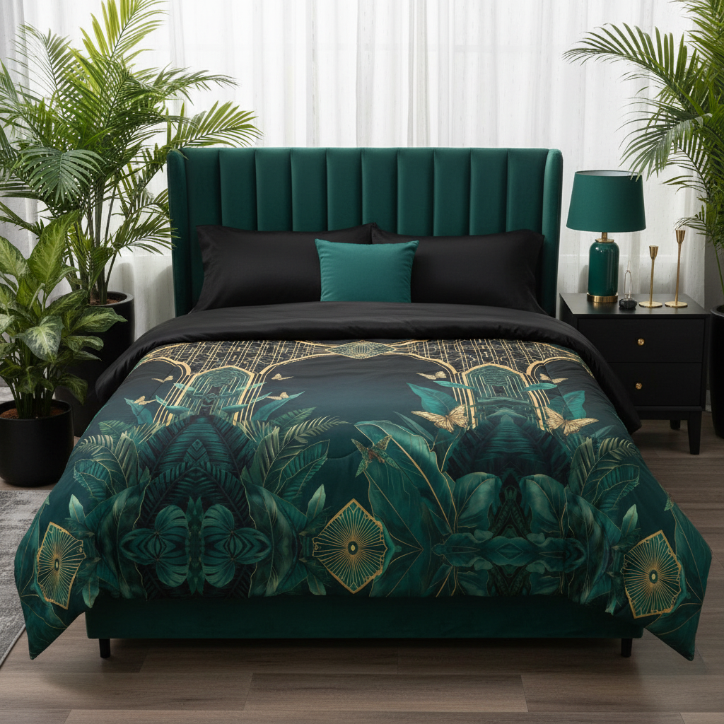 Luxurious queen bedroom with Emerald Plants comforter and jungle plants