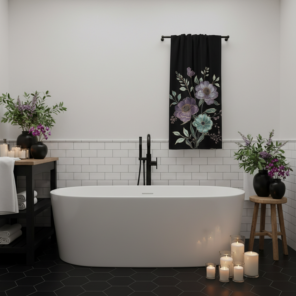 Luxurious spa bathroom with floral towel showing full design, modern black and white scheme, soaking tub, purple flowers