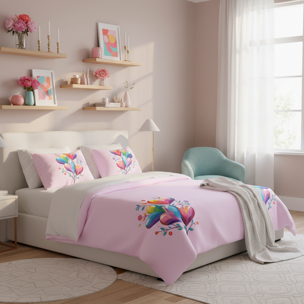Luxurious sunny bedroom with king bed and pink hearts duvet cover