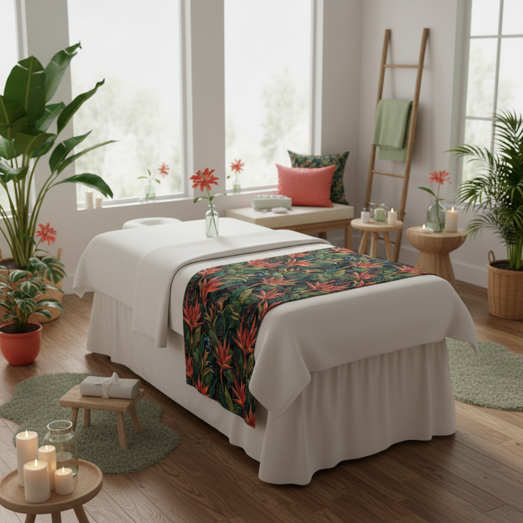 Luxurious wellness spa with tropical beach towel with coral red exotic flowers and green palm leaves, modern spa treatment room, white linens, coral and green accents, tropical plants, natural wood, warm candles, serene atmosphere