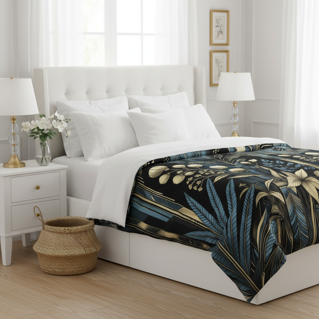 Luxurious white bedroom with midnight botanical duvet cover