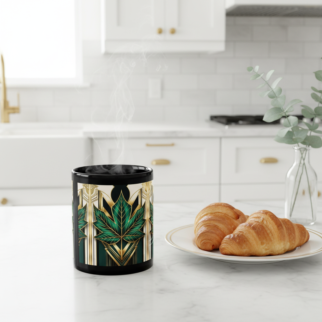 Luxurious white kitchen with maple leaf coffee mug