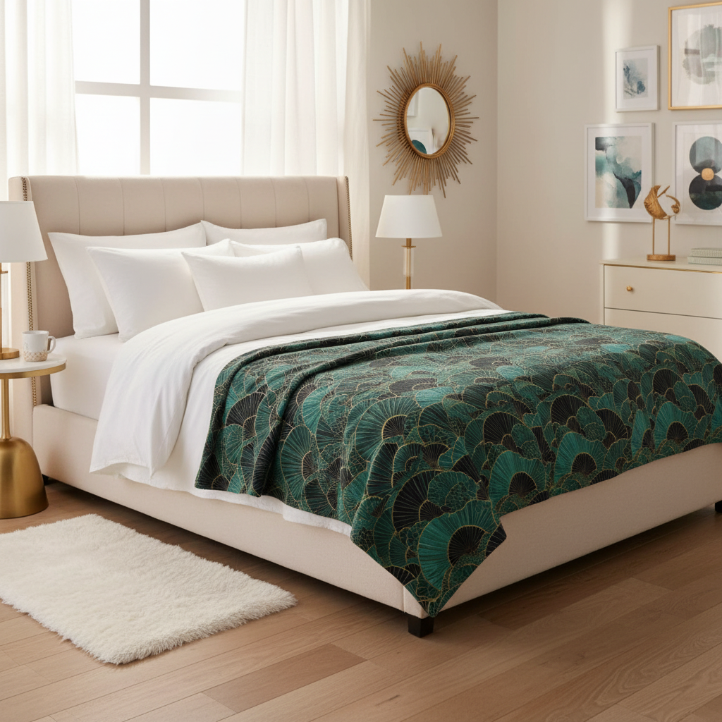 Luxury throw blanket on sunlit bed