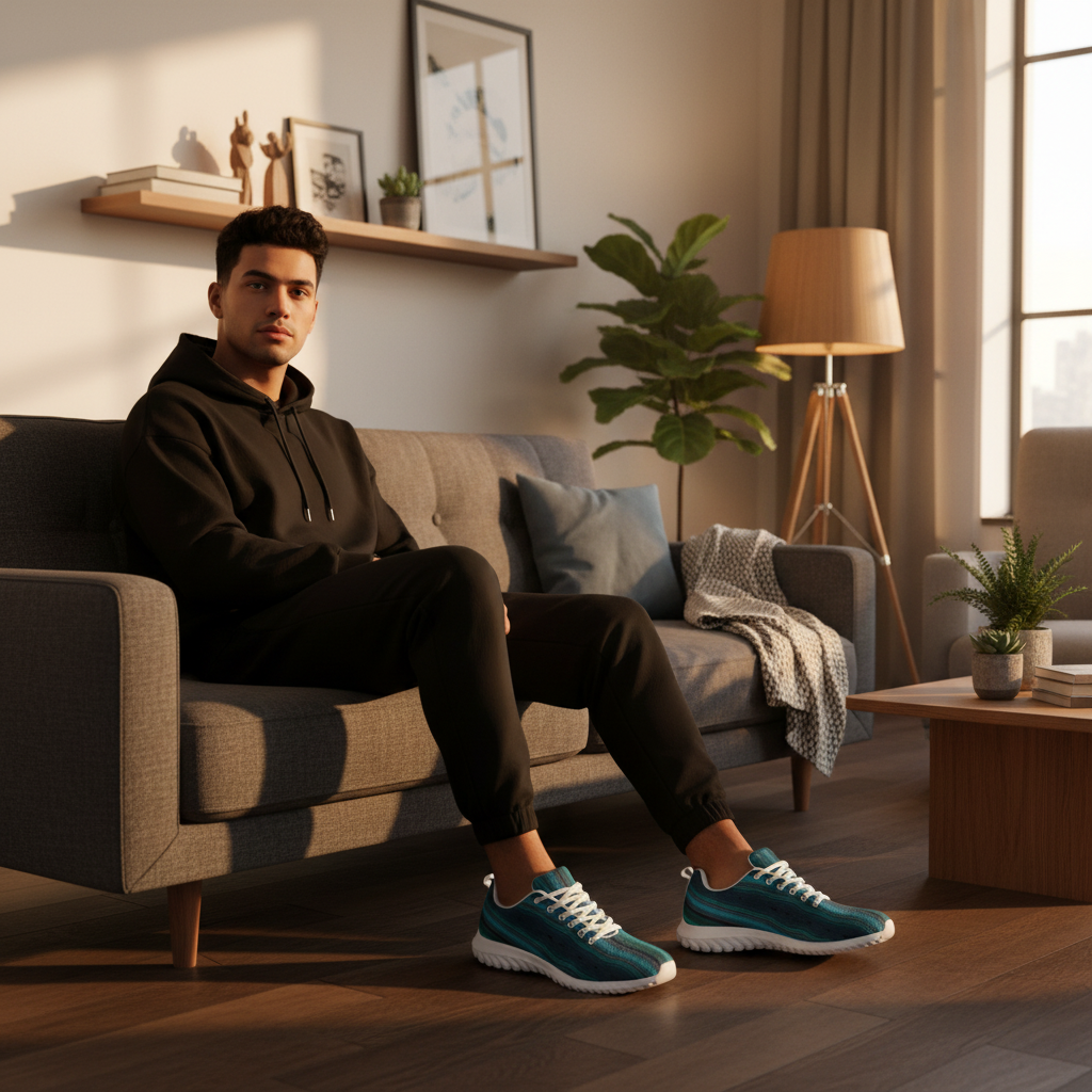 Man all black outfit crystal sneakers white soles home