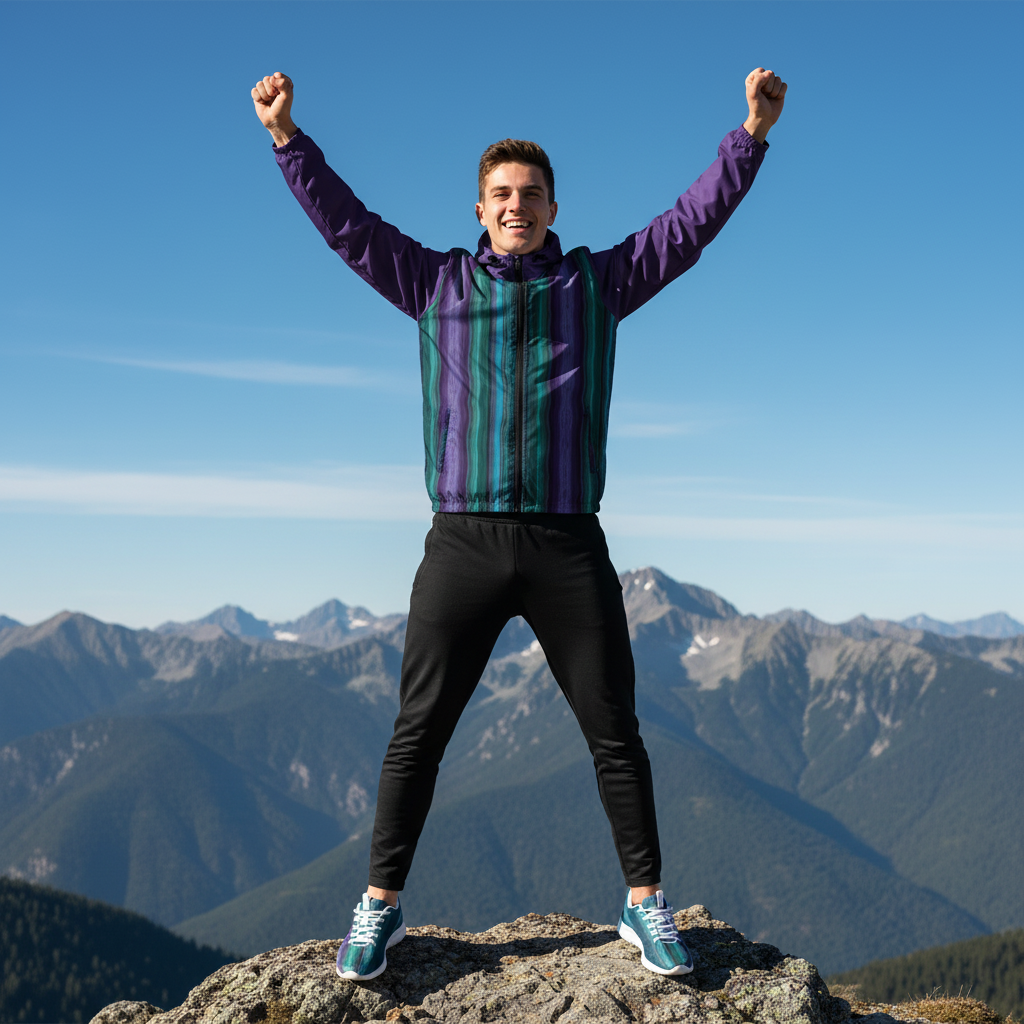 Man celebrating mountain summit crystal jacket victory pose
