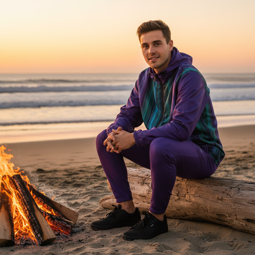 Man crystal jacket purple pants beach sunset