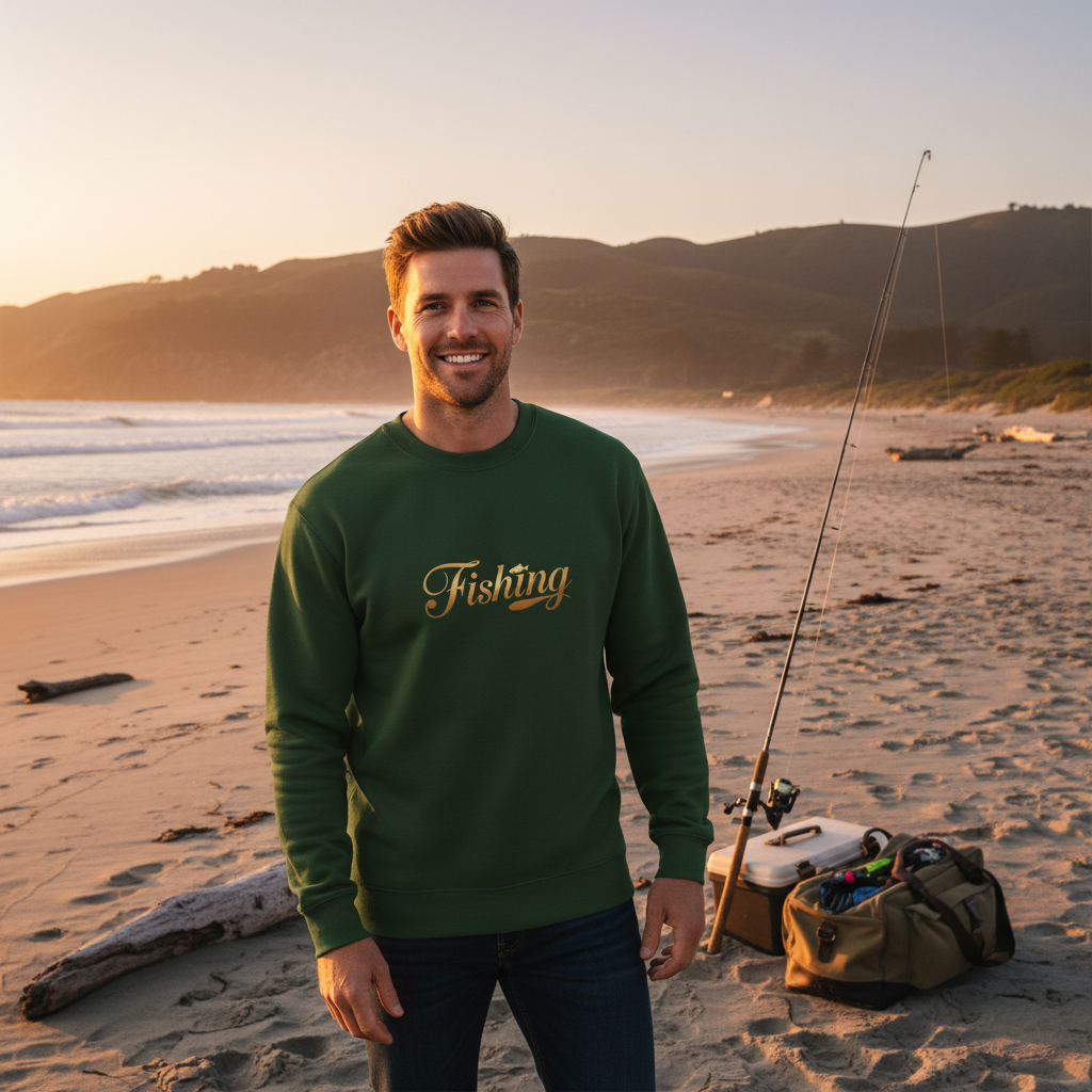 Man forest green fishing sweatshirt gold text beach sunset fishing equipment coastal