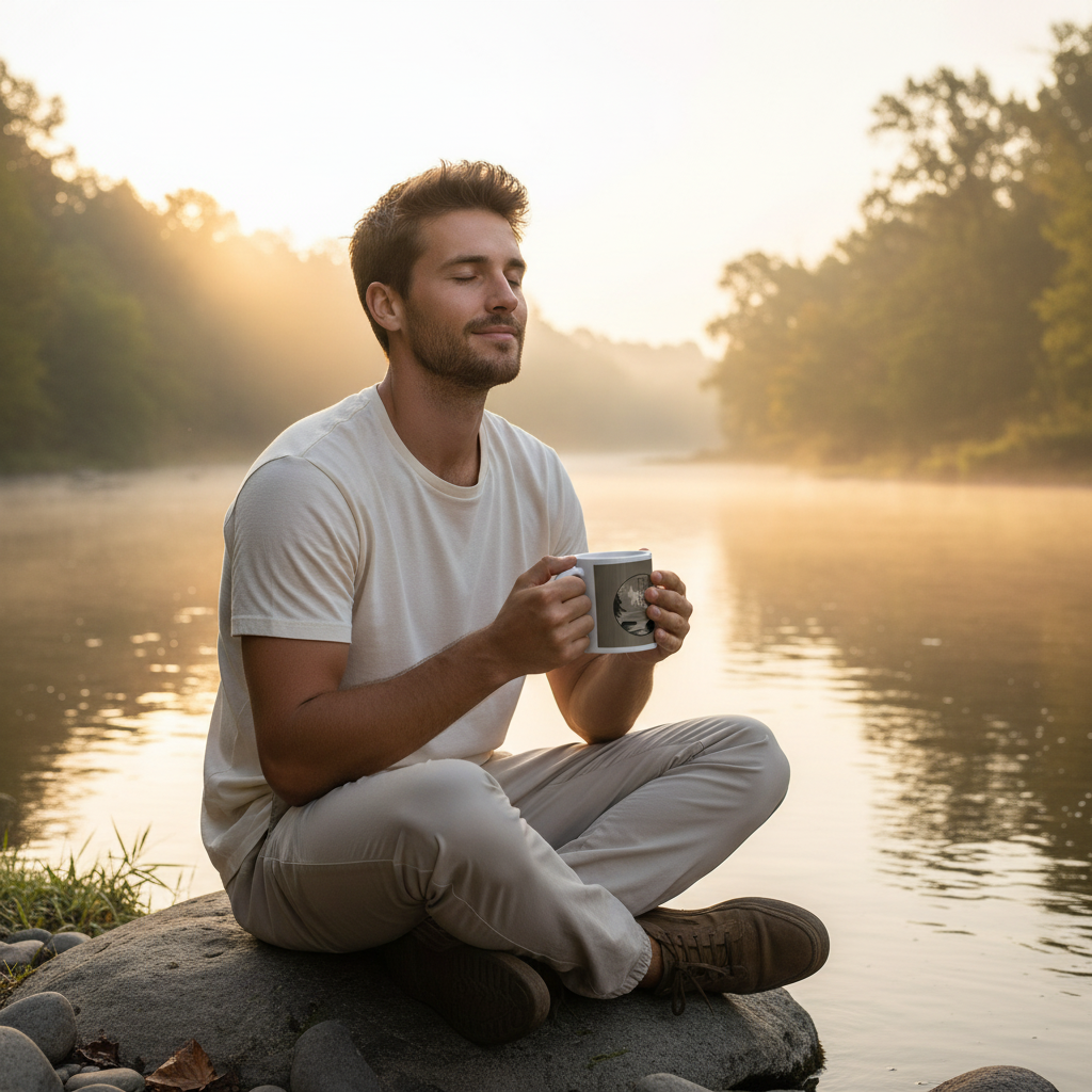Man holding white Time by the River ceramic mug by peaceful river at sunrise
