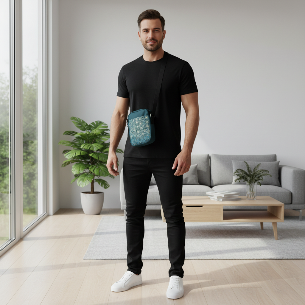 Man in black casual outfit with teal geometric bag in modern sunny living room