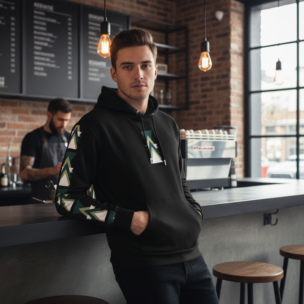 Man in black geometric triangle hoodie in urban café showing chest and sleeve design