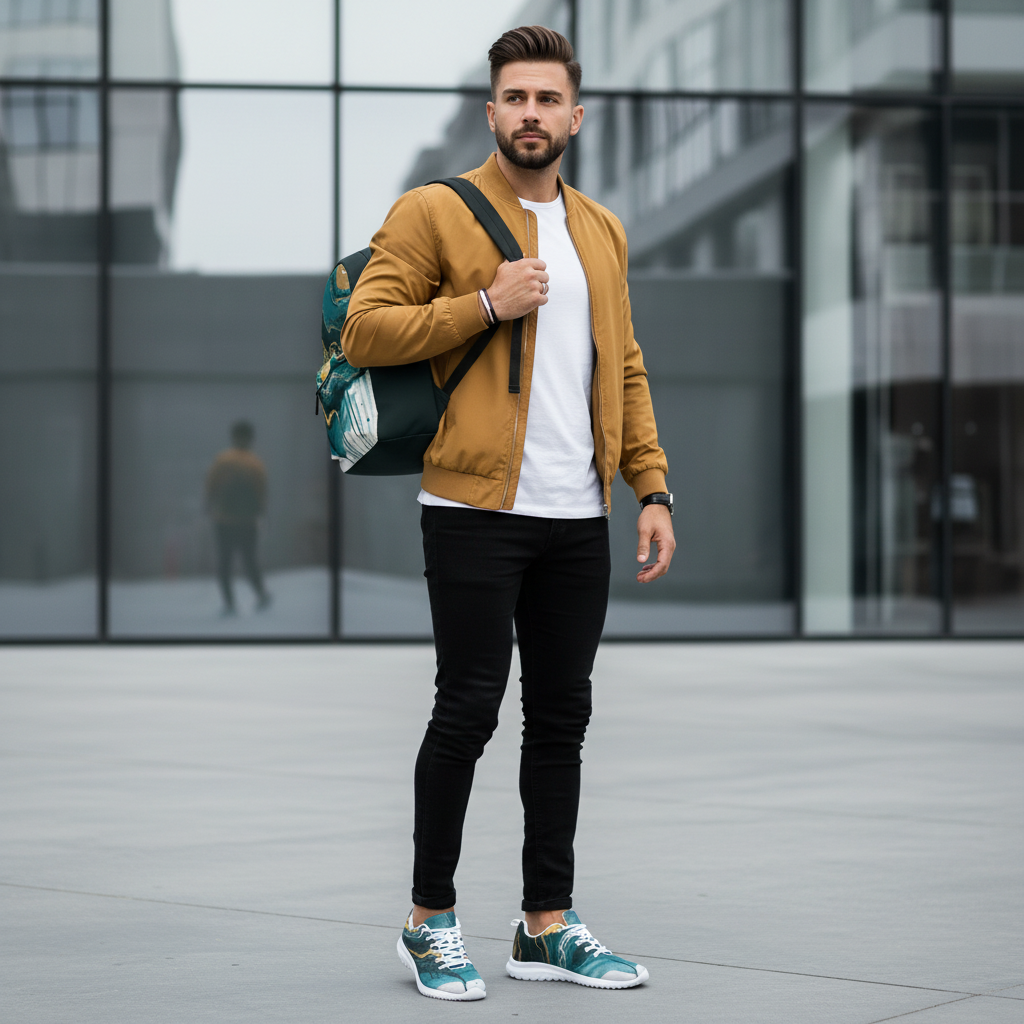 Man in black jeans white tee and gold bomber with teal abstract athletic shoes and backpack clearly shown