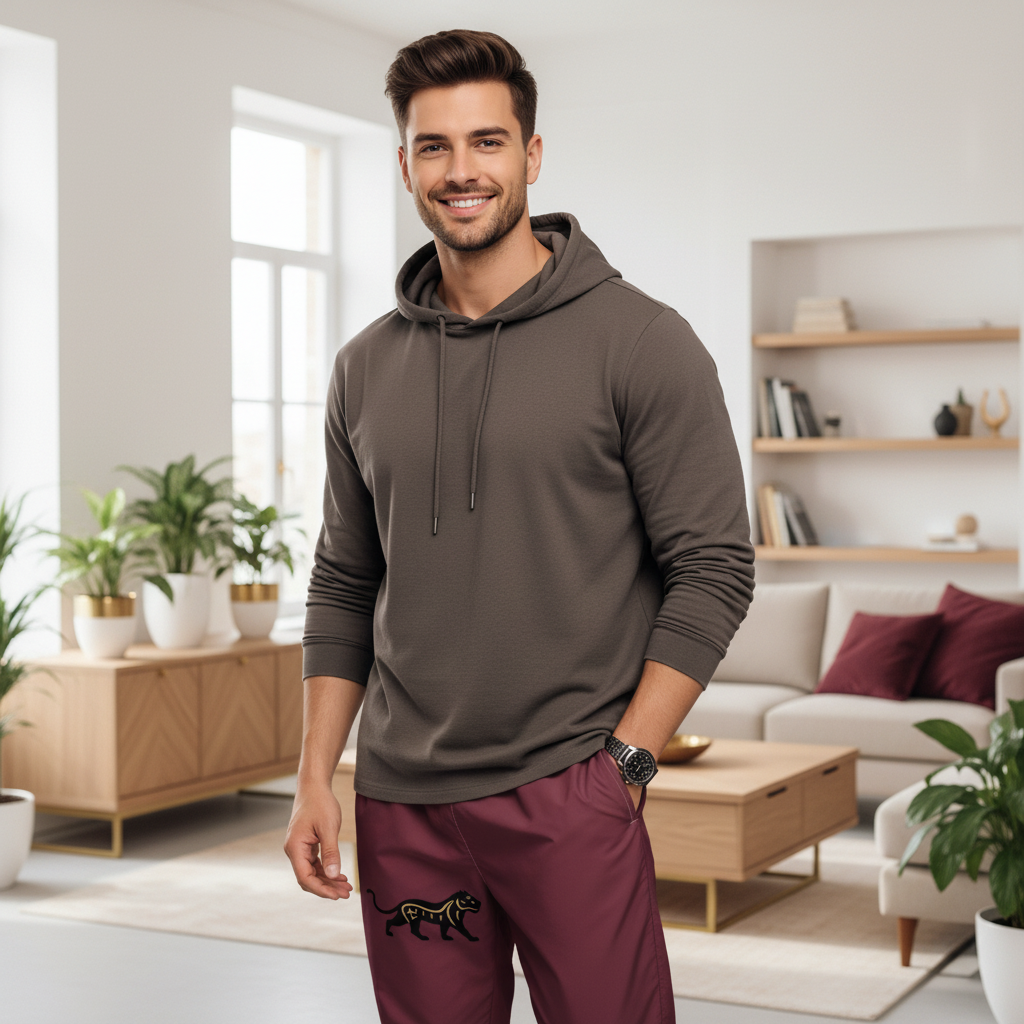 Man in burgundy track pants with jaguar graphic and gray hoodie standing in modern interior with burgundy accents