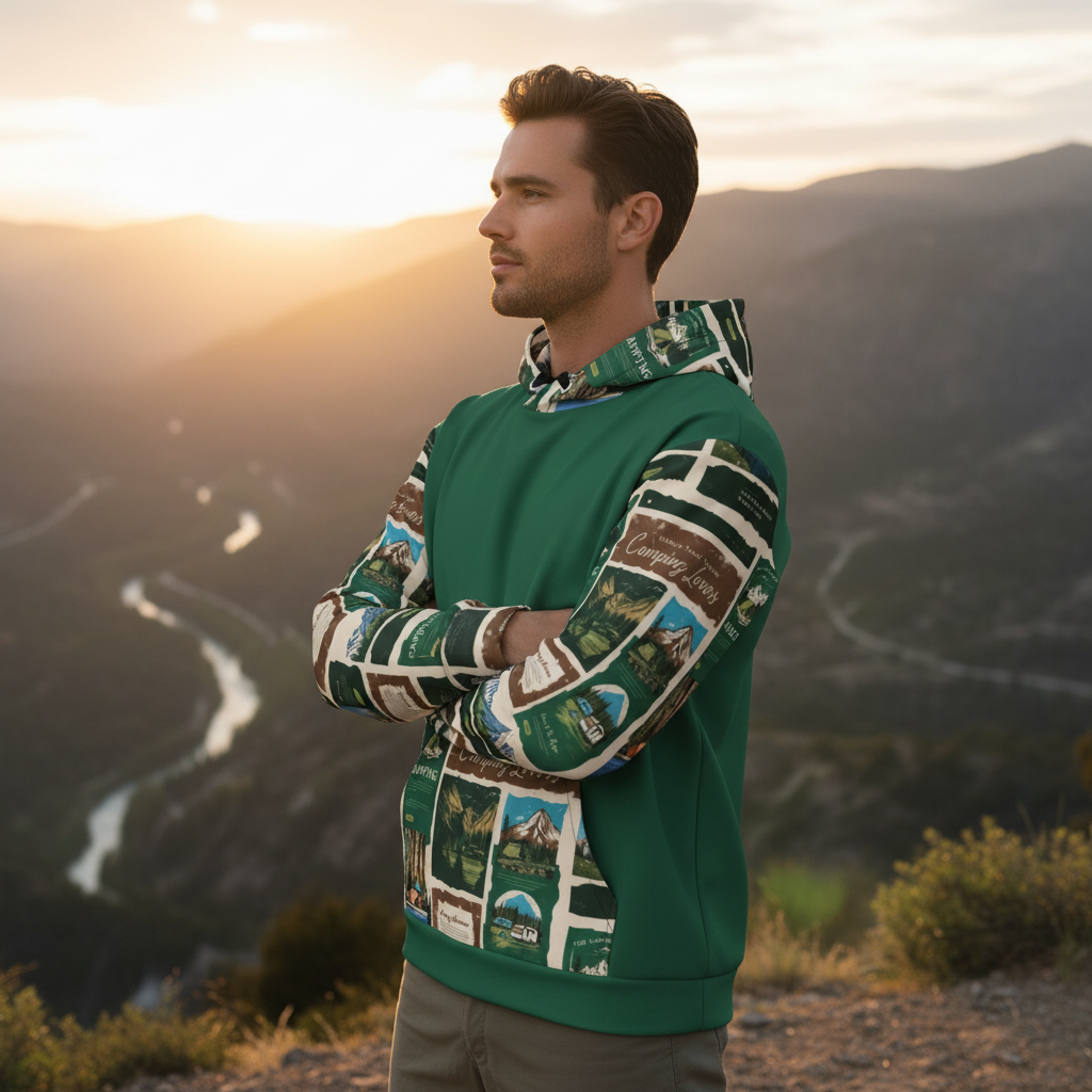 Man in camping hoodie with arms crossed showing sleeve pattern detail