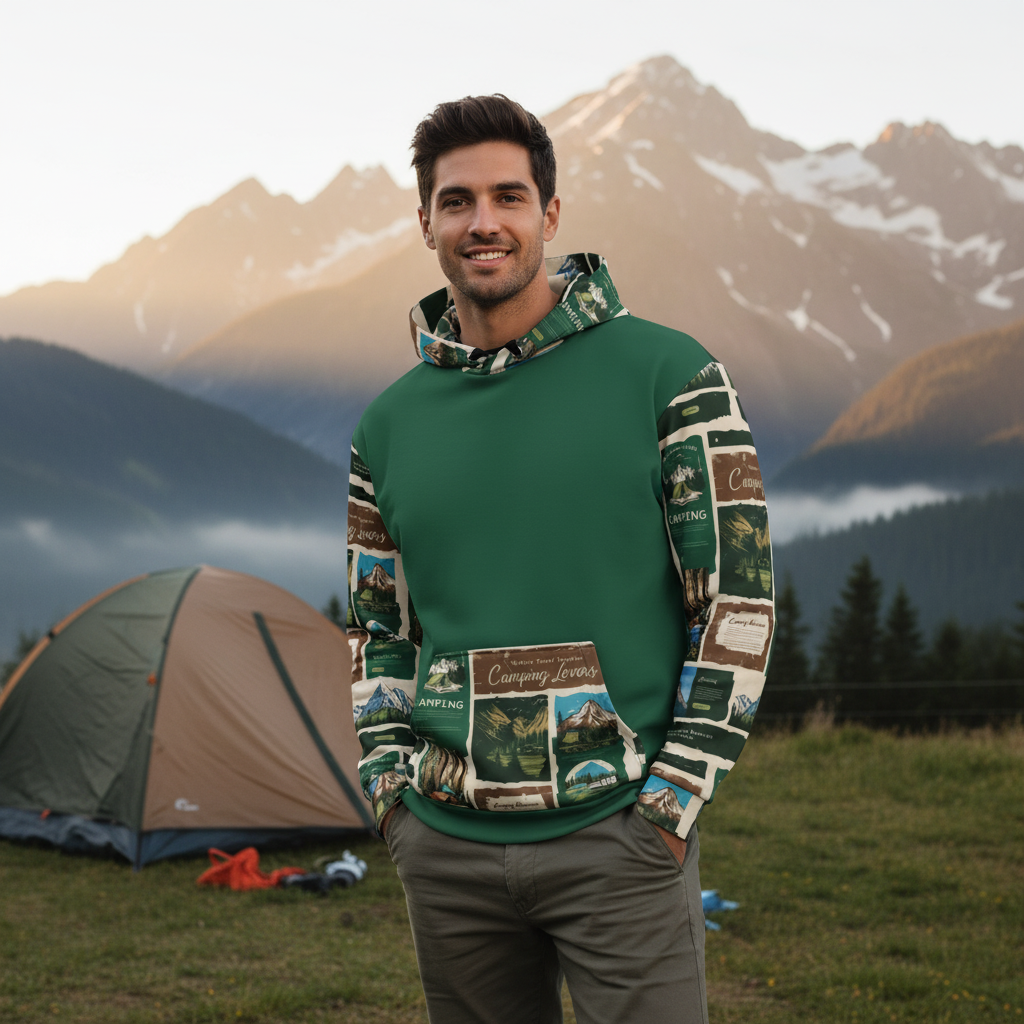 Man in camping lovers hoodie at mountain campsite