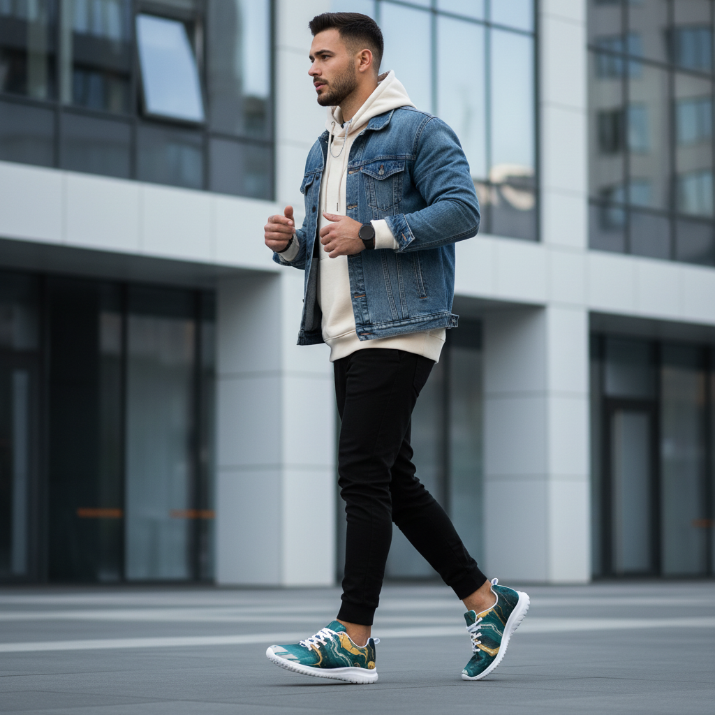 Man in cream hoodie and denim jacket walking with teal abstract shoes captured mid-stride
