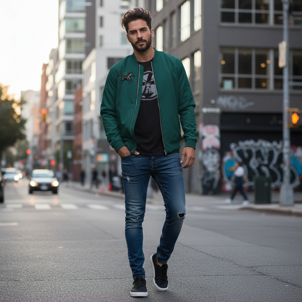 Man in dark green bomber - urban street
