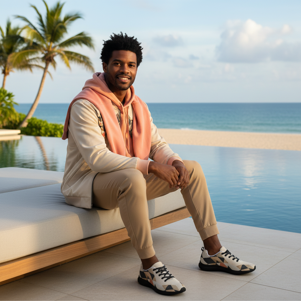 Man in geometric bomber with coral hoodie and joggers