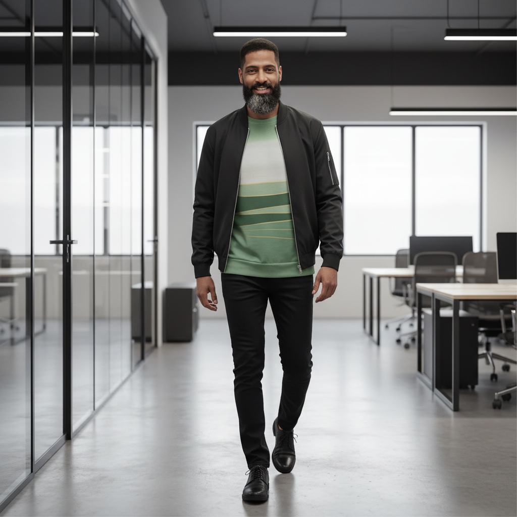 Man in green sweatshirt with black bomber jacket