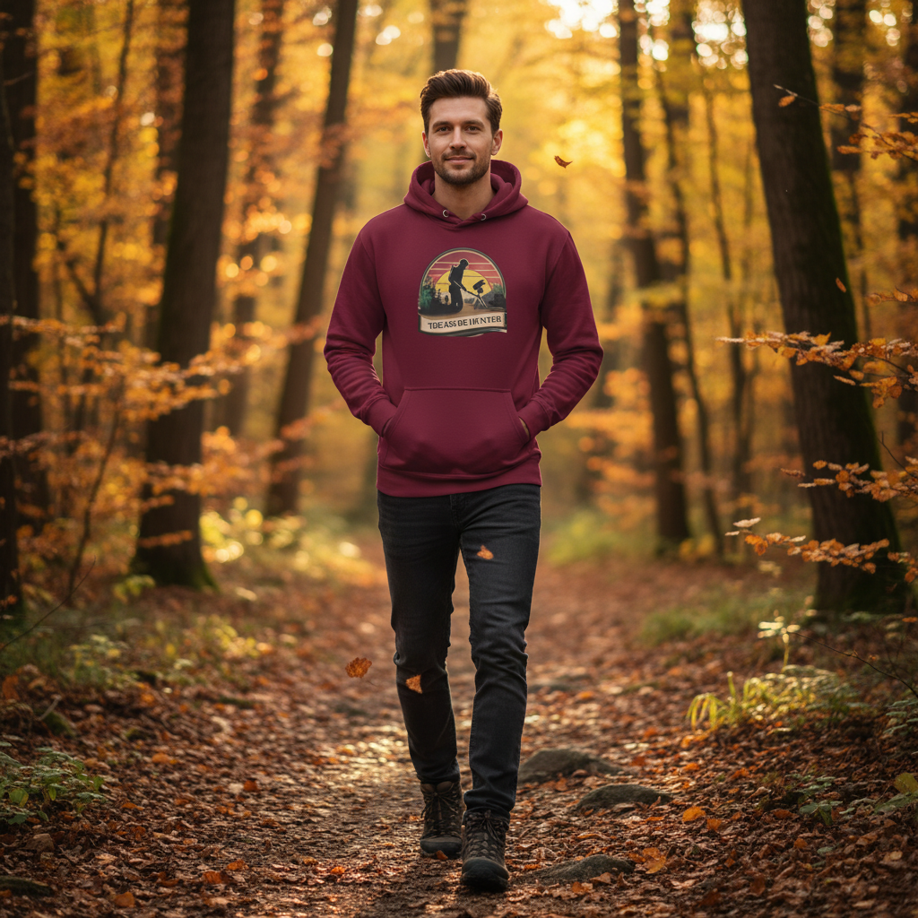 Man in maroon treasure hunter hoodie walking on forest trail