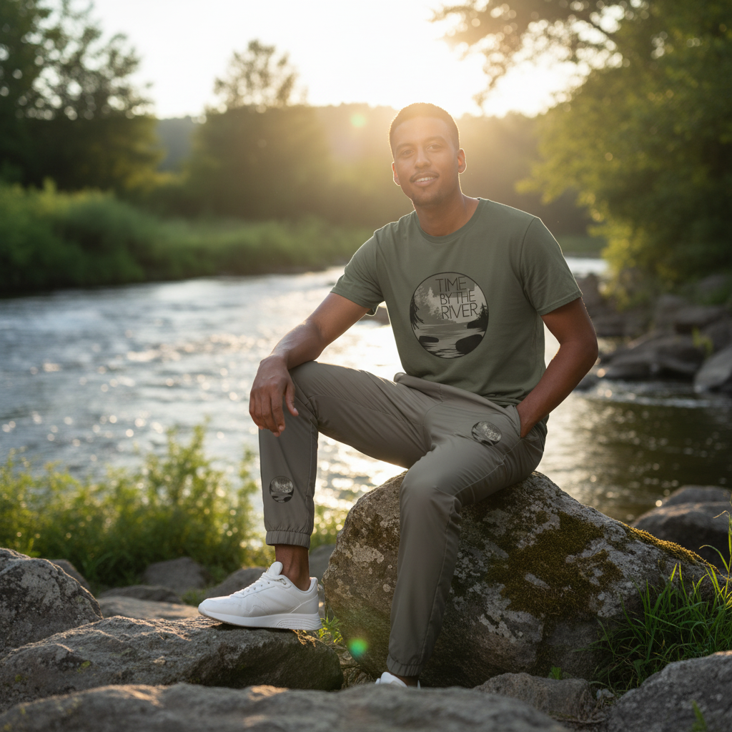 Man in military green Time by the River t-shirt and track pants with design visible on lower leg sitting on riverside rocks