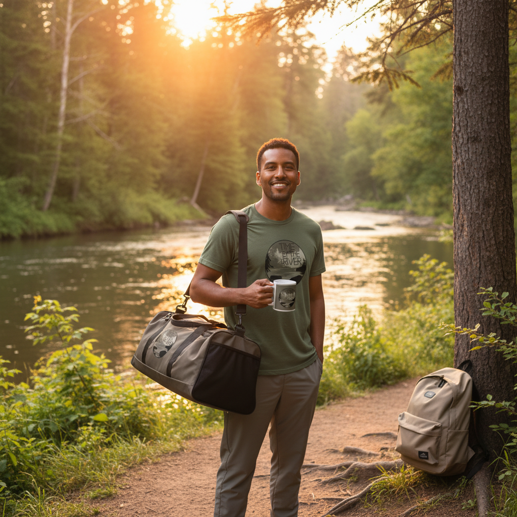 Man in military green Time by the River t-shirt with track pants carrying duffle bag, backpack and ceramic mug on riverside trail