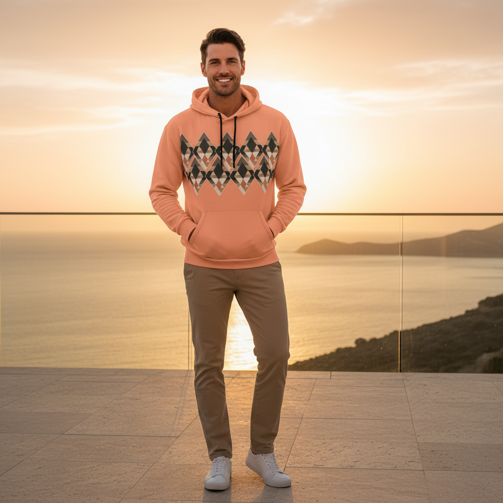 Man in peach geometric hoodie on coastal terrace at sunset