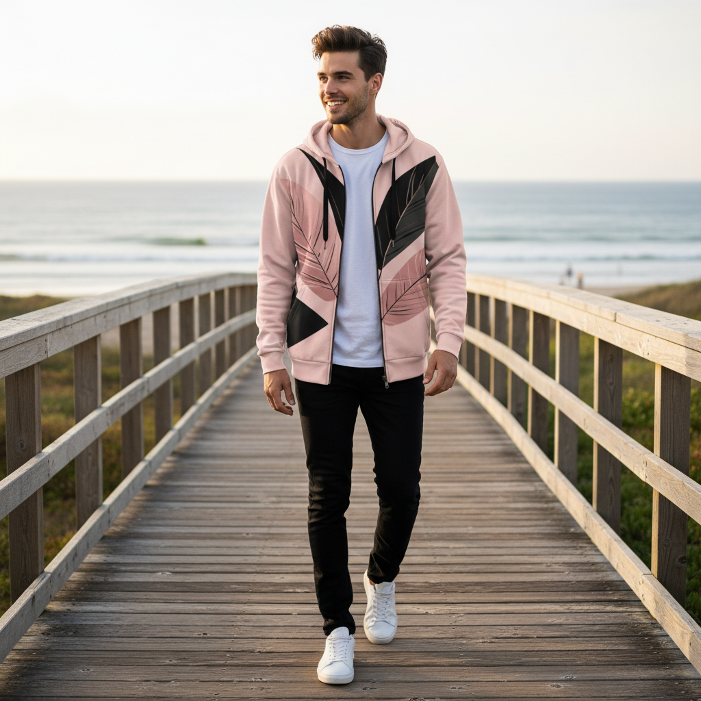 Man in pink leaf pattern hoodie and black pants walking along coastal boardwalk with ocean views