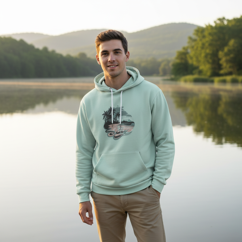Man in sea life hoodie by lake with natural scenery