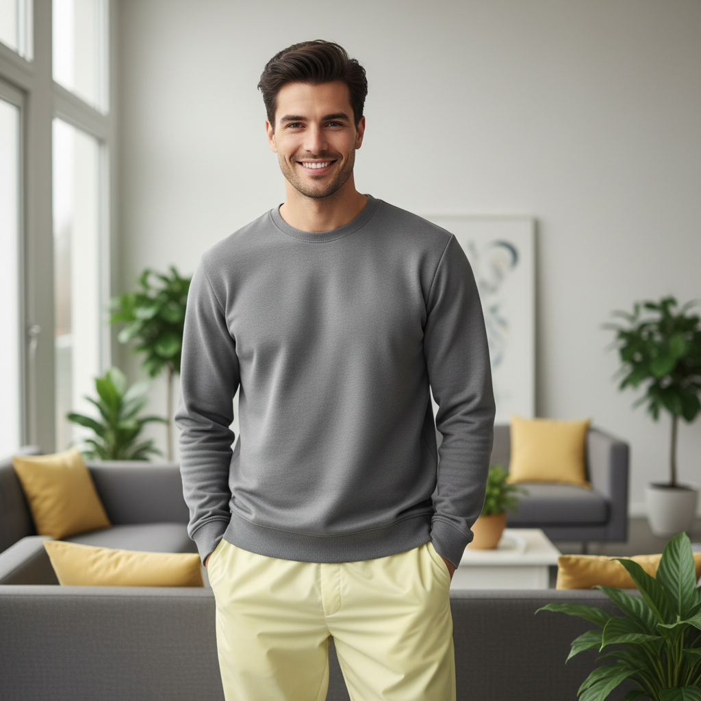 Man in soft yellow track pants and gray sweatshirt standing in bright modern interior with yellow accents