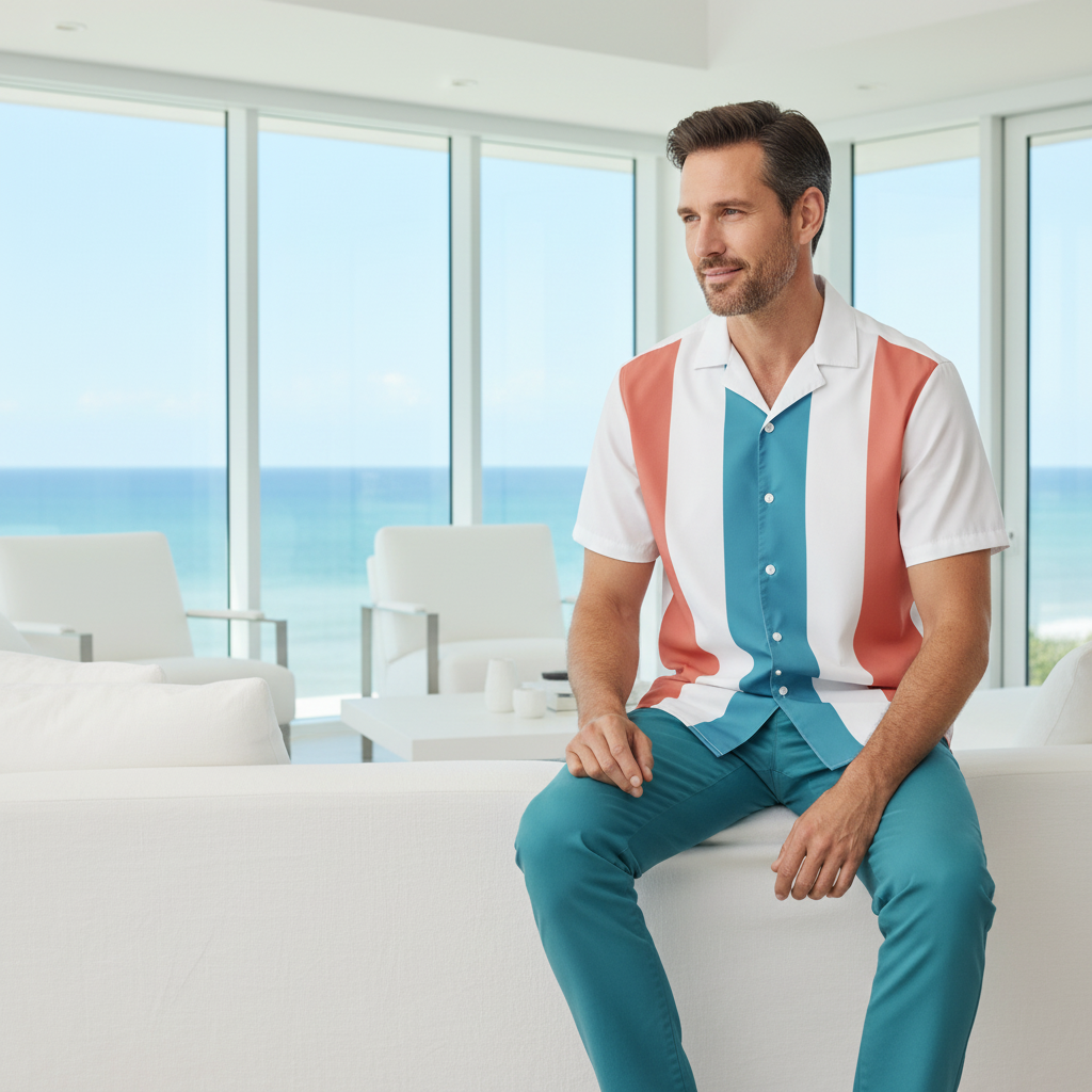 Man in striped shirt and teal chino pants in coastal living room interior