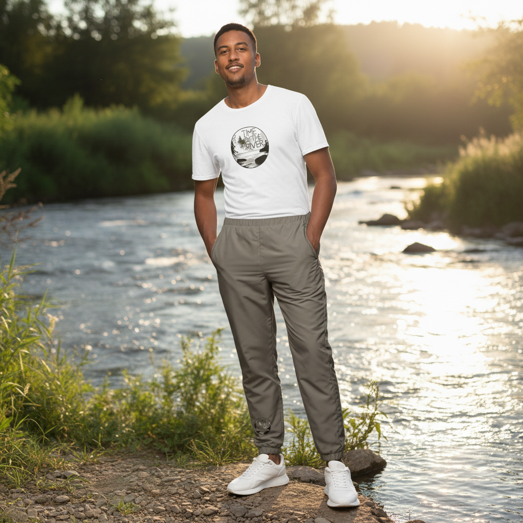 Man in white Time by the River t-shirt and track pants with design on lower leg by peaceful river at golden hour