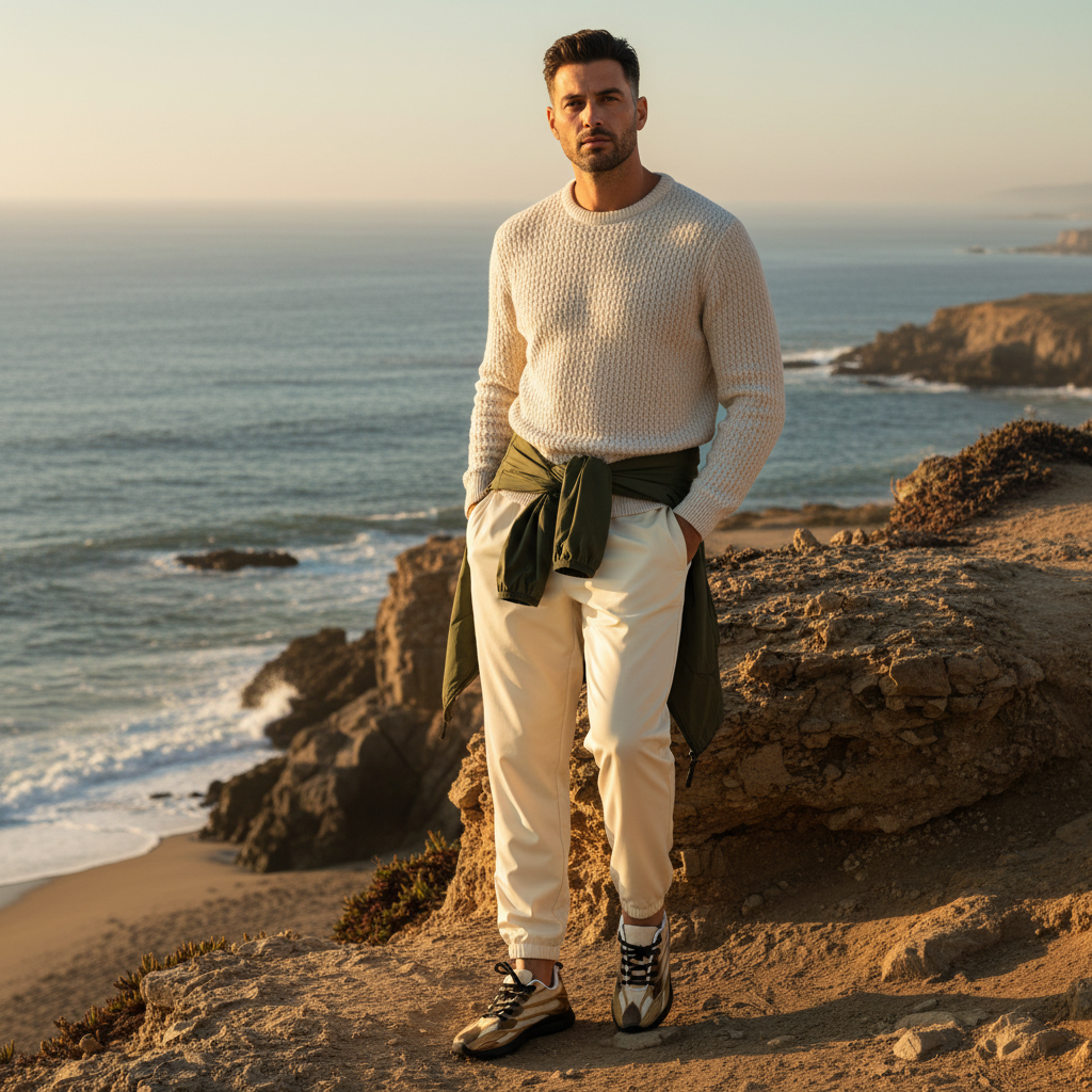 Man on Coastal Cliff in Botanical Track Pants & Sneakers