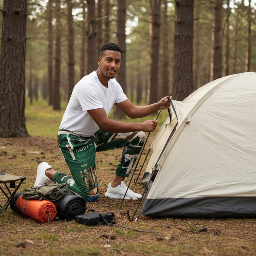 Man setting up tent in camping track pants with front print visible