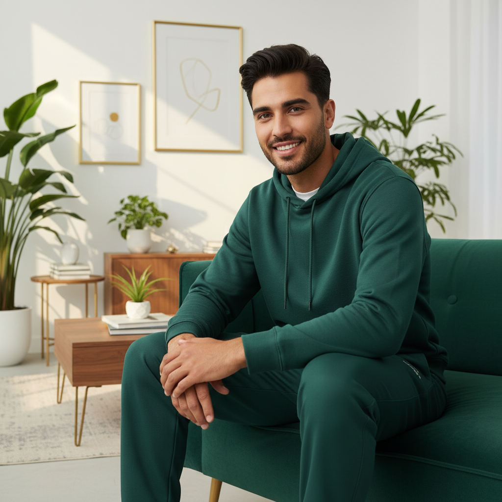 Man sitting casually in emerald green track pants and matching green hoodie in bright modern interior