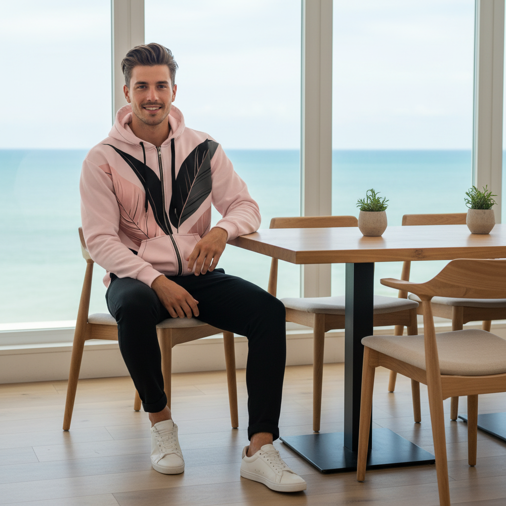 Man sitting in coastal restaurant wearing pink botanical hoodie and black joggers with ocean views