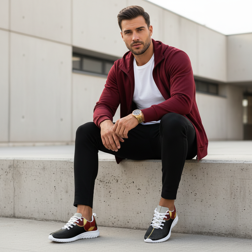 Man sitting on concrete ledge in deep crimson track jacket matching shoe red with black geometric shoes