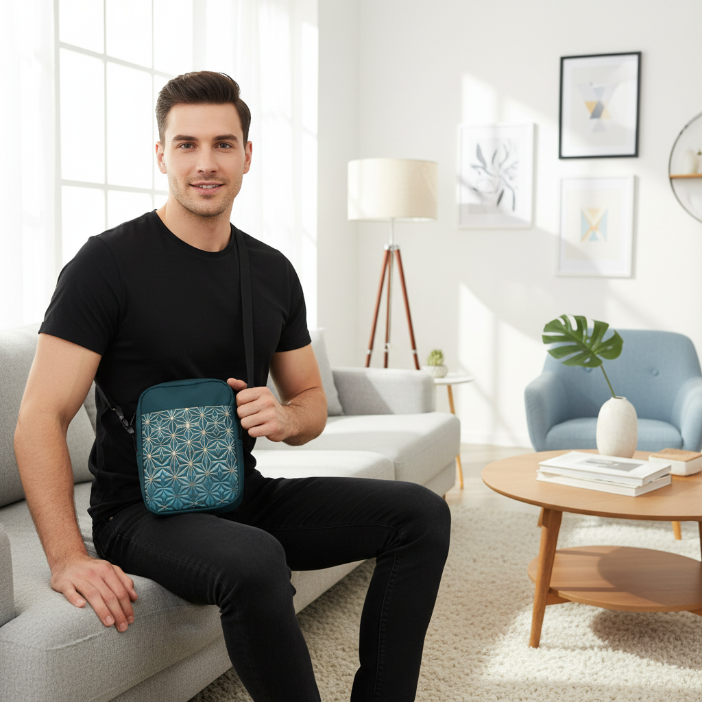 Man wearing black outfit with teal geometric crossbody bag in sunny living room