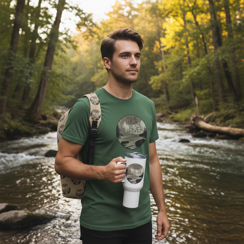 Man wearing forest green Time by the River t-shirt with backpack and travel mug by forest river at golden hour