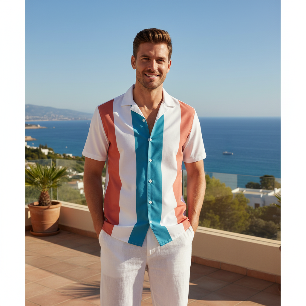 Man wearing striped button-up shirt with white linen trousers on coastal terrace