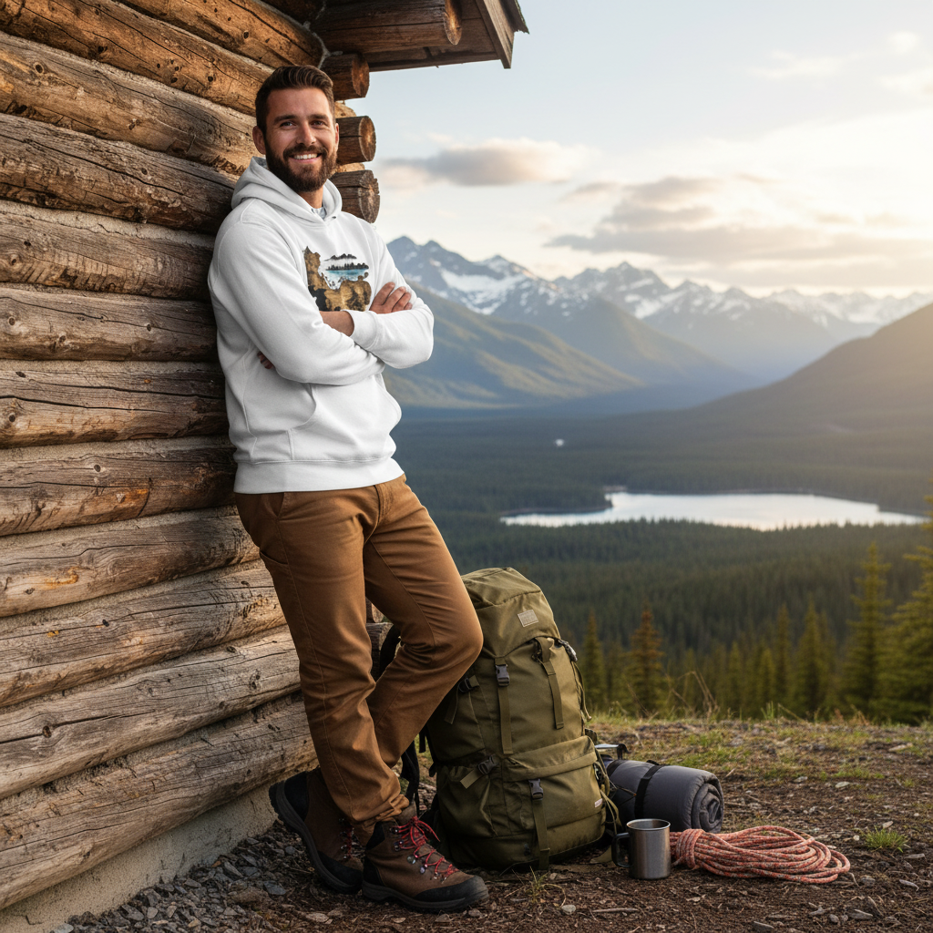 Man wearing white old map hoodie with brown outdoor pants at rustic log cabin in mountains