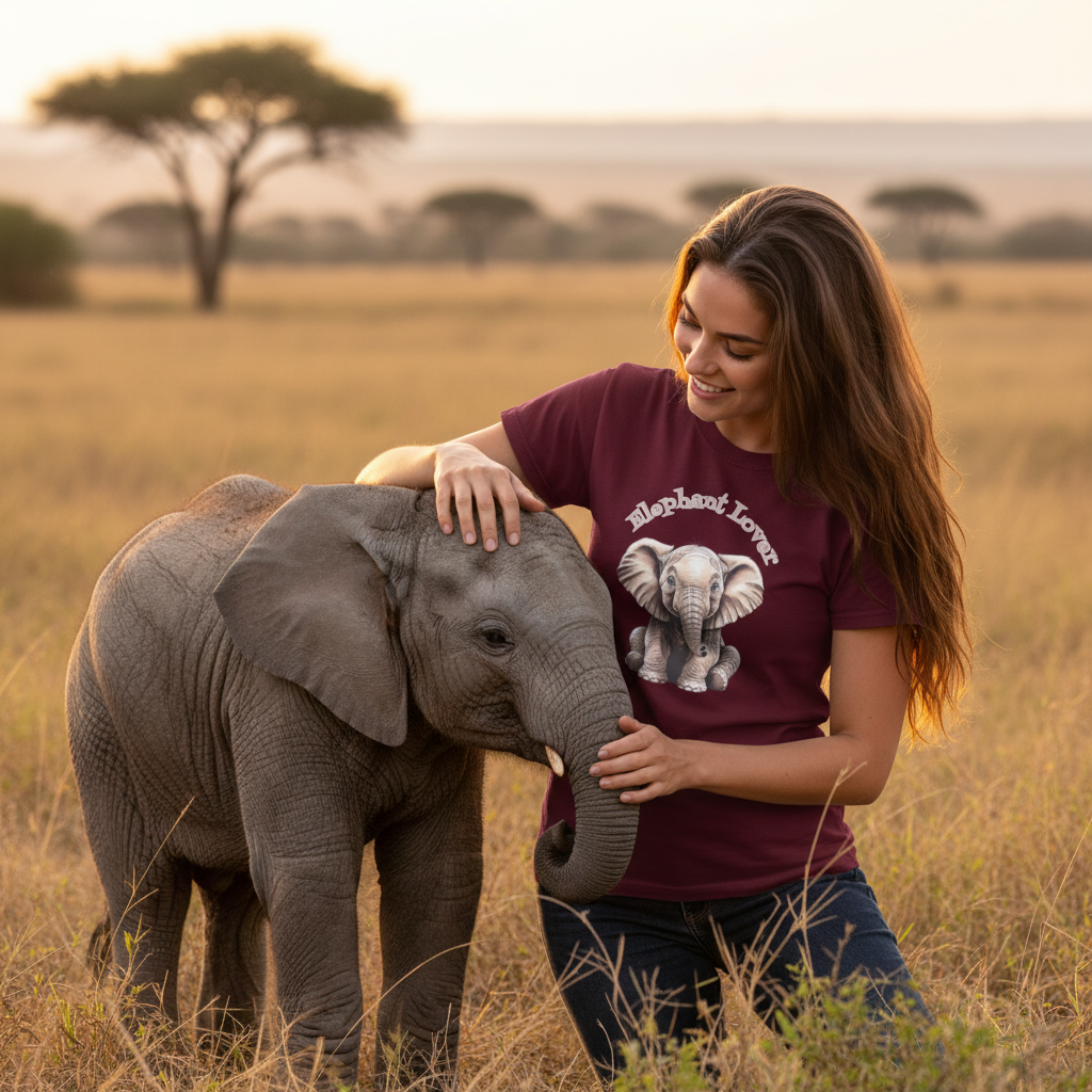 Maroon elephant t-shirt exact design woman petting real life-sized baby elephant heartwarming
