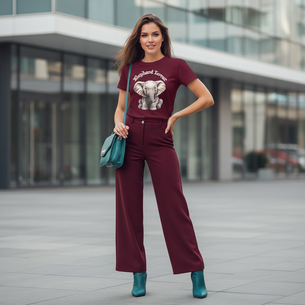 Maroon elephant t-shirt maroon pants teal boots teal bag rich sophisticated accent
