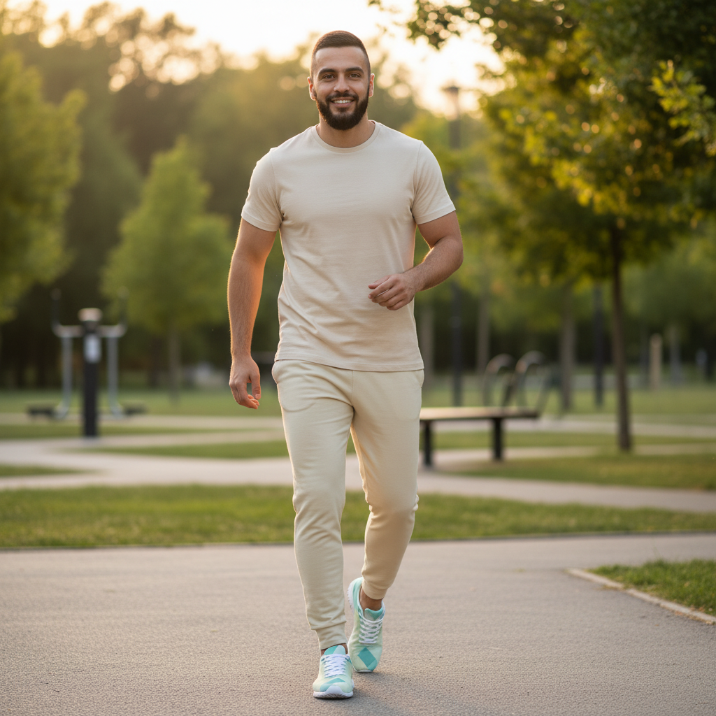 Men's casual outfit with beige crew neck t-shirt cream joggers and turquoise geometric athletic shoes outdoor lifestyle