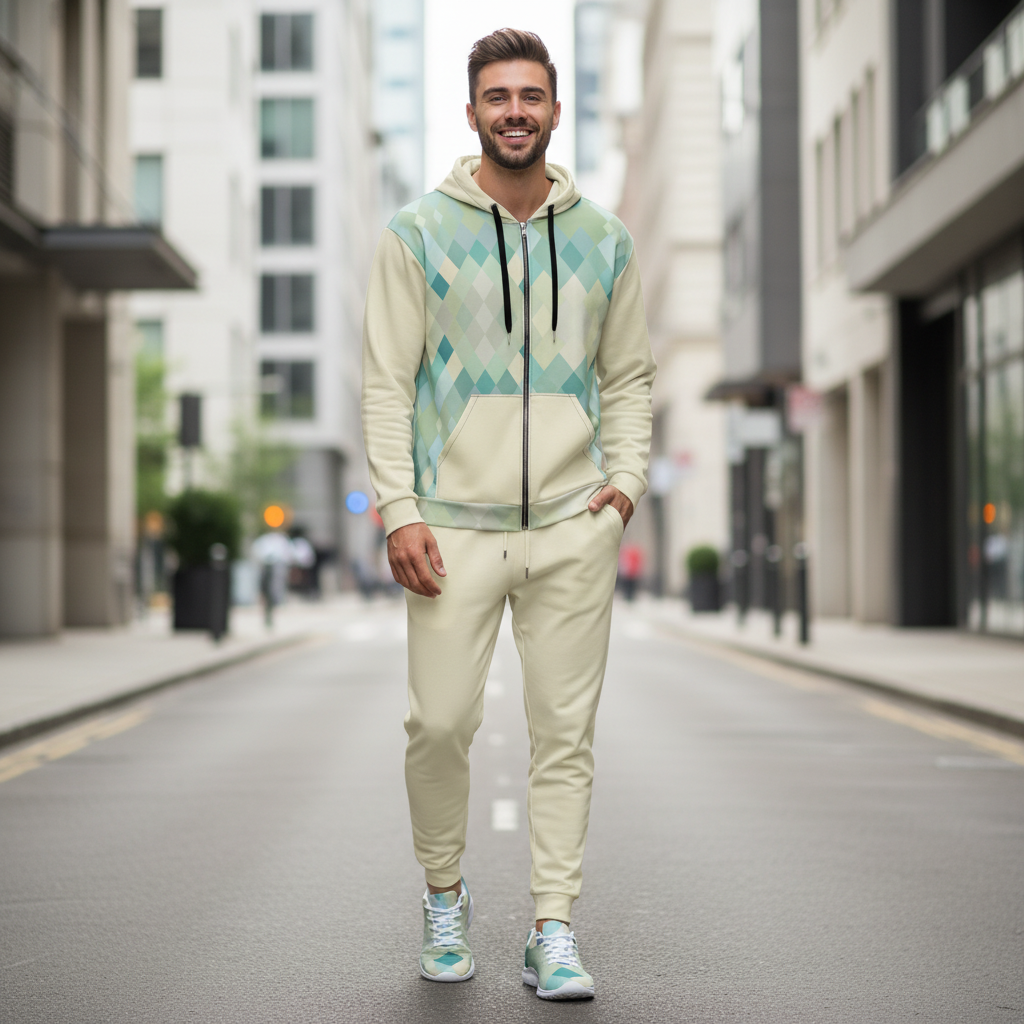 Men's complete Happy Colors outfit geometric zip hoodie pale cream joggers turquoise athletic shoes street style
