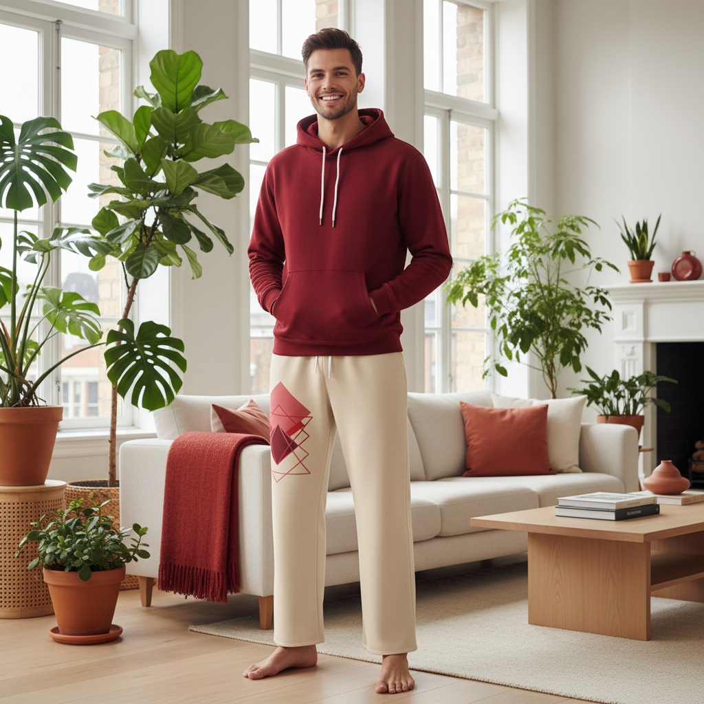 Men's cream wide-leg track pants with red geometric pattern styled with red hoodie in plant-filled interior