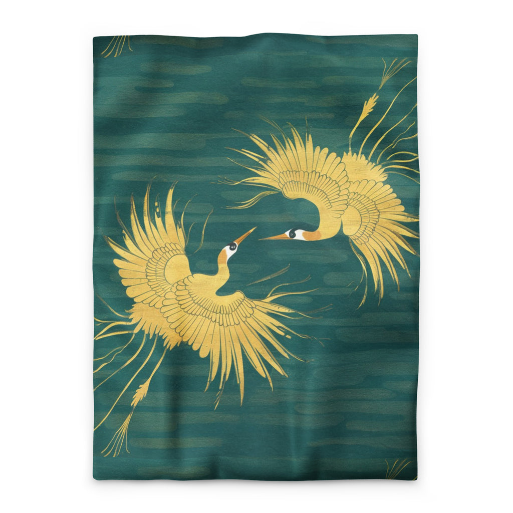 Modern zen bedroom with minimalist Japanese design featuring teal and gold crane duvet cover